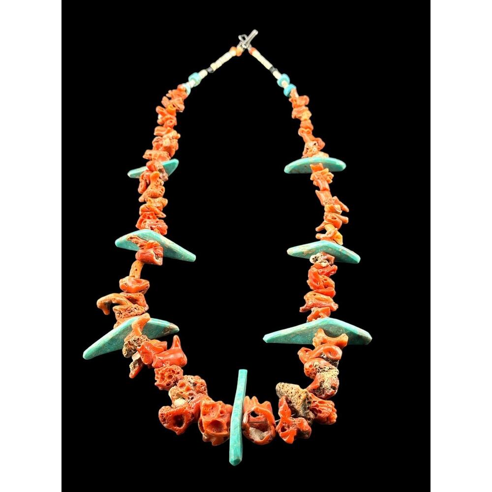Vintage Genuine Turquoise and Red Coral Necklace 25” Long W Beads Hook Clasp